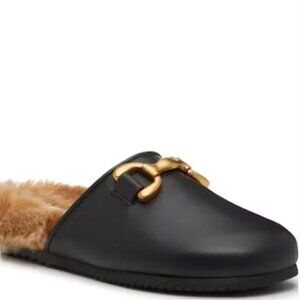 STEVE MADDEN Leather Masin Faux Fur Bit Buckle Mules black for women